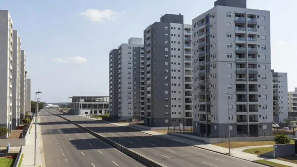 Bairro residencial brasileiro com edifícios e via de transporte, ilustrando ágio imobiliário por redução de tempo de deslocamento