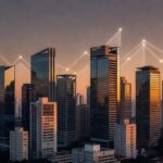 Edifícios modernos e gráficos de correlação entre imóveis e IFIX