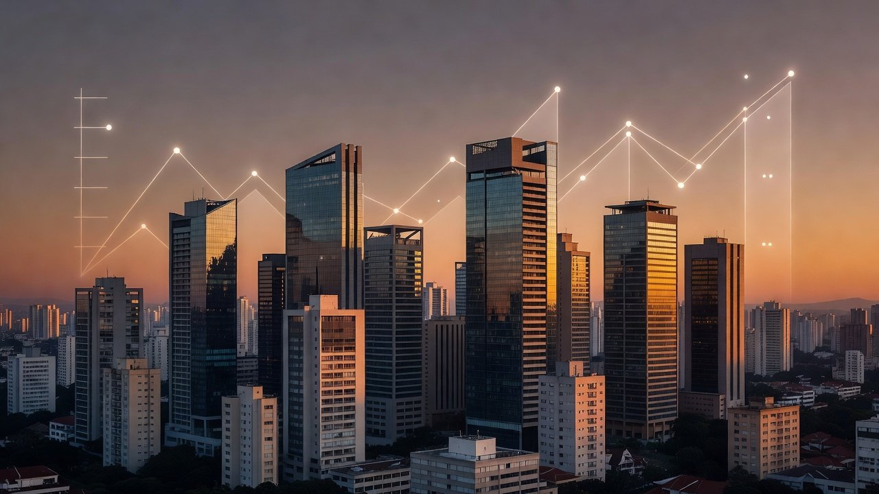 Edifícios modernos e gráficos de correlação entre imóveis e IFIX