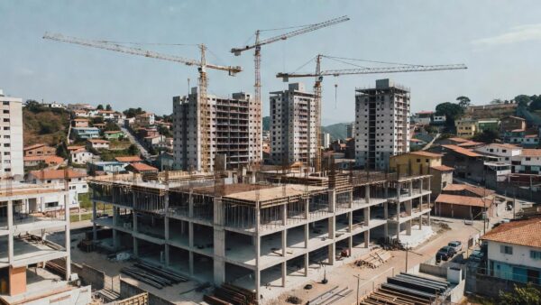 Canteiro de obras imobiliário no Brasil representando análise de TIR e VPL em fluxo de caixa