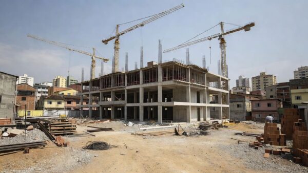 Canteiro de obras de edifício residencial em construção no Brasil para cálculo de retorno de investimento na planta