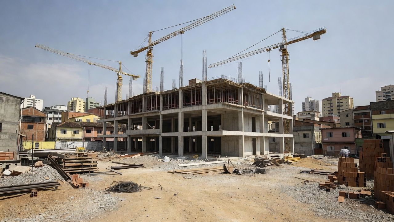 Canteiro de obras de edifício residencial em construção no Brasil para cálculo de retorno de investimento na planta