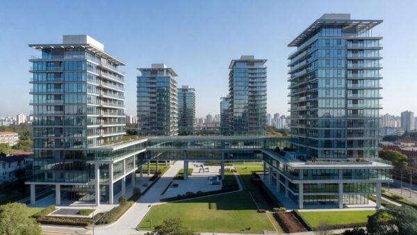 Complexo imobiliário moderno em São Paulo representando holding imobiliária