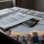Documentos financeiros e plantas de imóveis para cálculo de TIR e VPL em análise de viabilidade imobiliária no Brasil