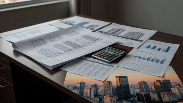 Documentos financeiros e plantas de imóveis para cálculo de TIR e VPL em análise de viabilidade imobiliária no Brasil