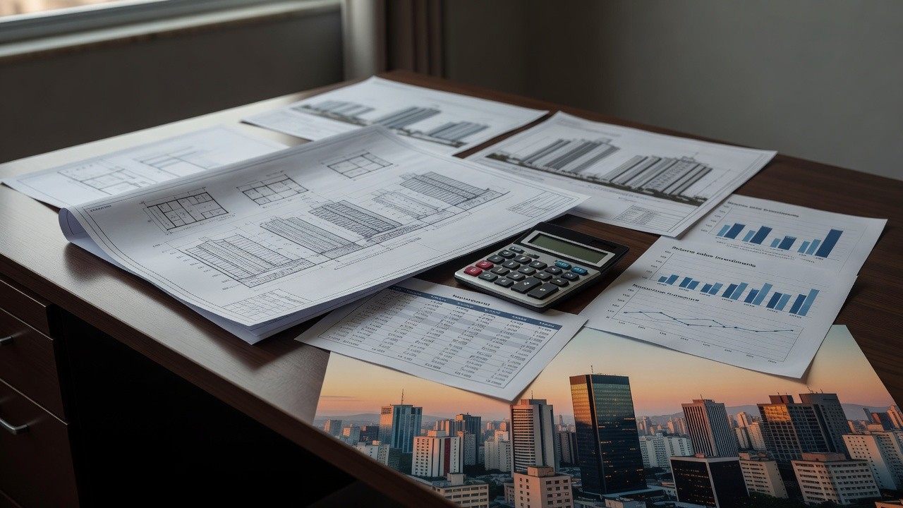 Documentos financeiros e plantas de imóveis para cálculo de TIR e VPL em análise de viabilidade imobiliária no Brasil