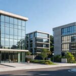 Conjunto de edifícios representando permuta imobiliária e equilíbrio físico-financeiro