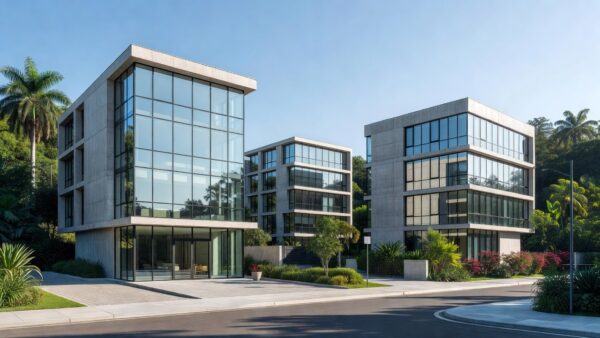 Conjunto de edifícios representando permuta imobiliária e equilíbrio físico-financeiro