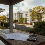 Casa brasileira com documentos de financiamento imobiliário e calculadora