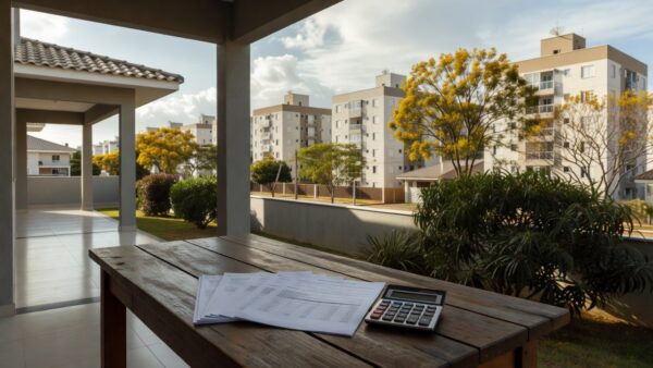 Casa brasileira com documentos de financiamento imobiliário e calculadora