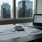 Mesa com planilhas e gráficos de análise de FIIs com DY, P/VP, vacância e TIR