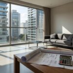 Apartamento moderno brasileiro com documentos financeiros representando estratégias imobiliárias