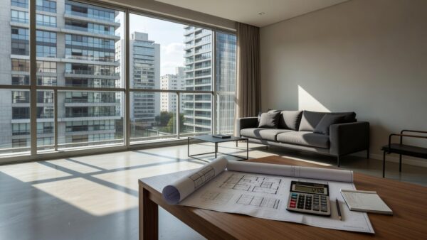 Apartamento moderno brasileiro com documentos financeiros representando estratégias imobiliárias