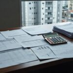 Documentos de consórcio e financiamento imobiliário com calculadora para análise de custo efetivo e yield