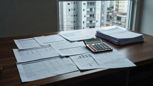 Documentos de consórcio e financiamento imobiliário com calculadora para análise de custo efetivo e yield