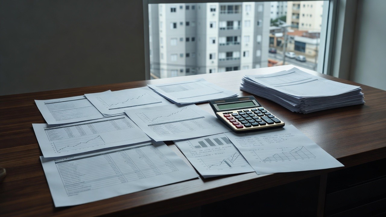 Documentos de consórcio e financiamento imobiliário com calculadora para análise de custo efetivo e yield