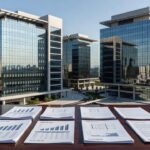 Edifícios corporativos e documentos representando tipos de FII tijolo, papel e híbridos