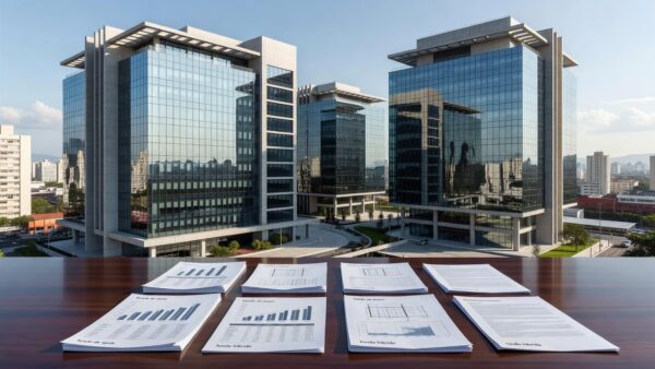 Edifícios corporativos e documentos representando tipos de FII tijolo, papel e híbridos