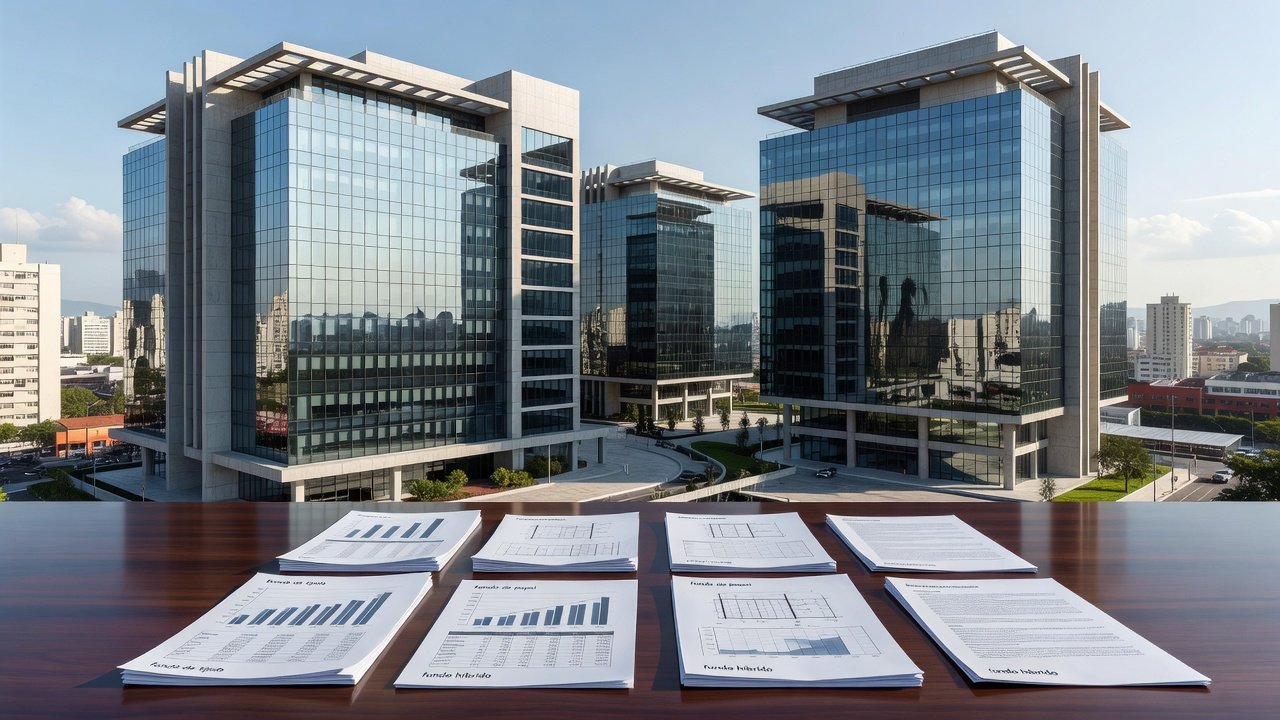 Edifícios corporativos e documentos representando tipos de FII tijolo, papel e híbridos