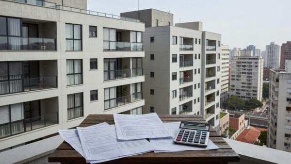 Condomínio residencial brasileiro com documentos fiscais representando cálculo de ganho de capital imobiliário