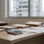 Mesa com documentos financeiros e vista para prédio residencial representando análise de LTV e ROE