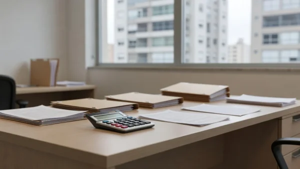Mesa com documentos financeiros e vista para prédio residencial representando análise de LTV e ROE