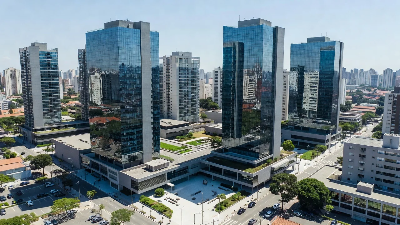 Edifícios modernos em São Paulo representando imóveis físicos e FIIs