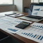 Documentos de análise financeira com gráficos de margem bruta e TIR sobre equity