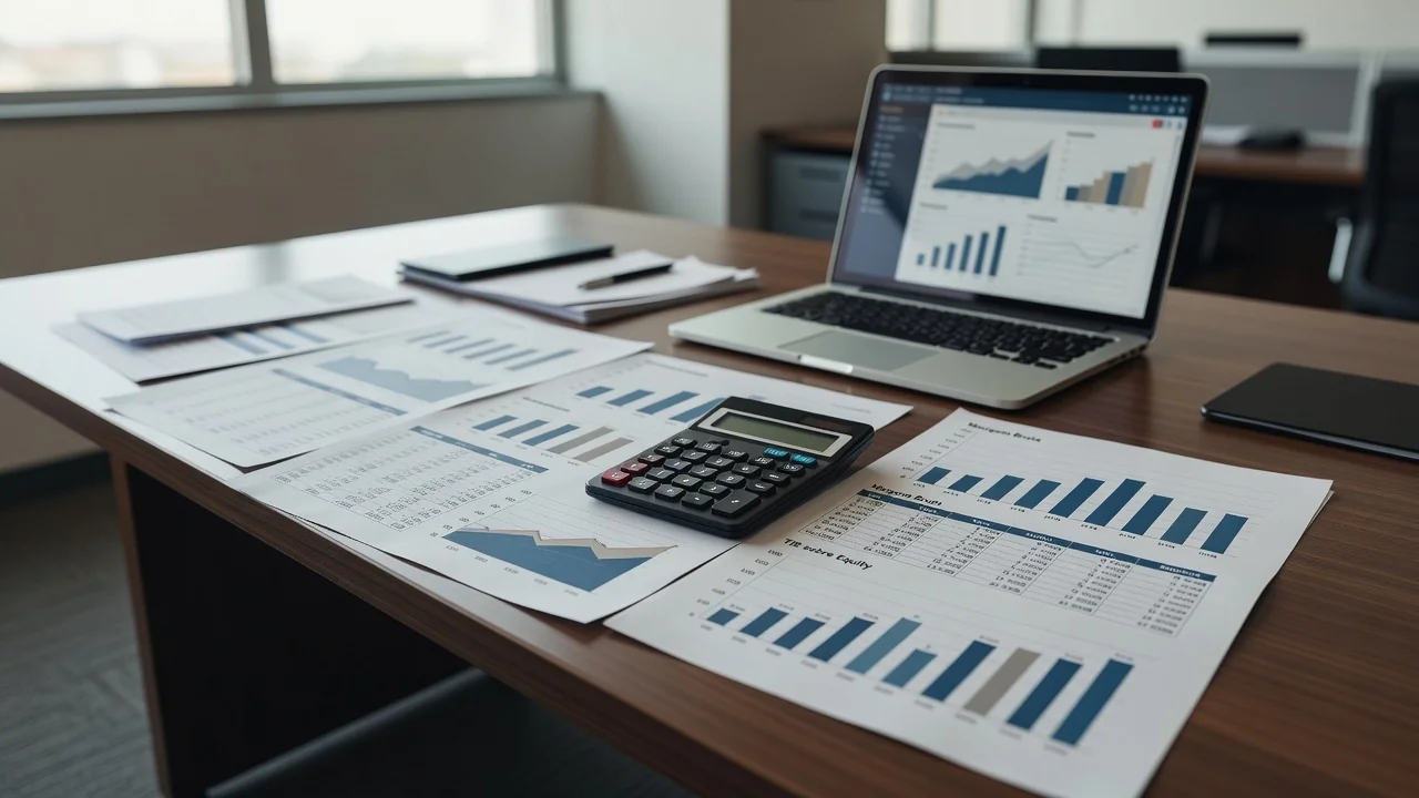 Documentos de análise financeira com gráficos de margem bruta e TIR sobre equity