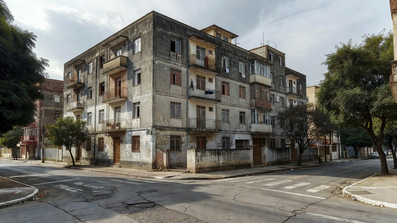 Edifício residencial antigo em área urbana brasileira para análise de custo de reposição de imóveis.