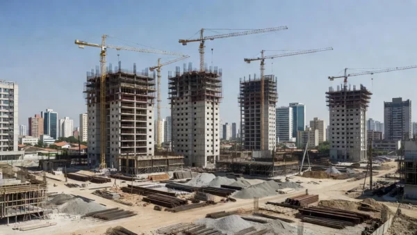 Canteiro de obras de incorporação imobiliária com análise de TIR e equity