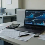 Mesa com laptop, gráficos e calculadora representando análise de taxa de ocupação e CDI