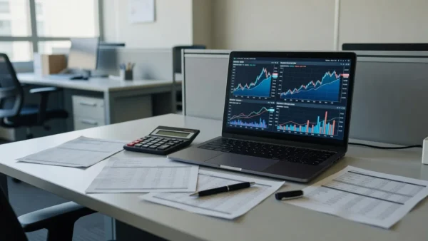 Mesa com laptop, gráficos e calculadora representando análise de taxa de ocupação e CDI