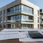 Edifício residencial no Brasil com documentos financeiros simbolizando custos fiscais de imóveis via holding ou pessoa física