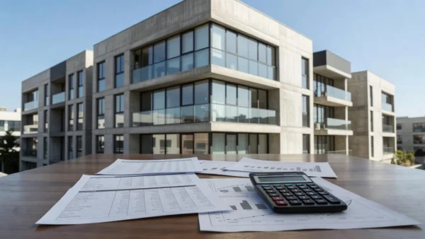 Edifício residencial no Brasil com documentos financeiros simbolizando custos fiscais de imóveis via holding ou pessoa física