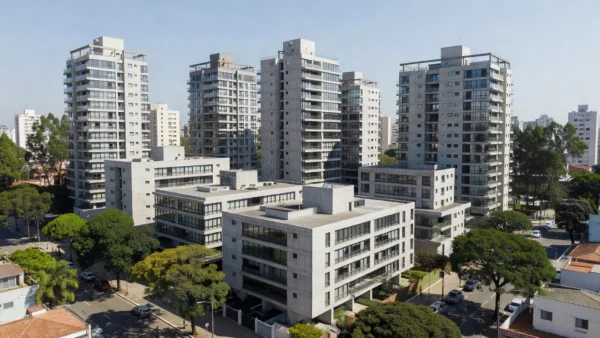 Conjunto de edifícios residenciais modernos em São Paulo representando análise de yield por m² alugável.