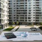 Edifício residencial brasileiro com documentos de análise de aluguel e cap rate