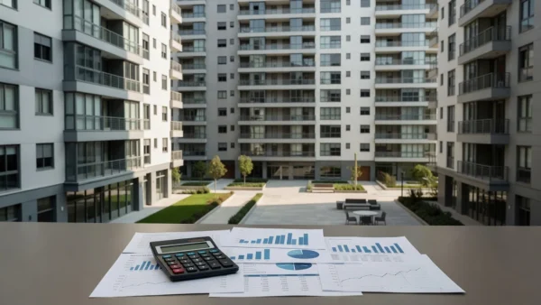 Edifício residencial brasileiro com documentos de análise de aluguel e cap rate