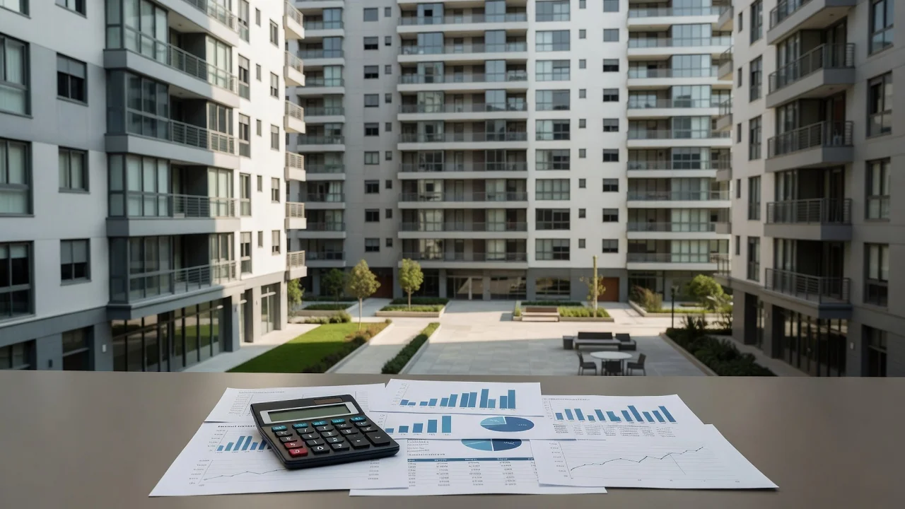 Edifício residencial brasileiro com documentos de análise de aluguel e cap rate
