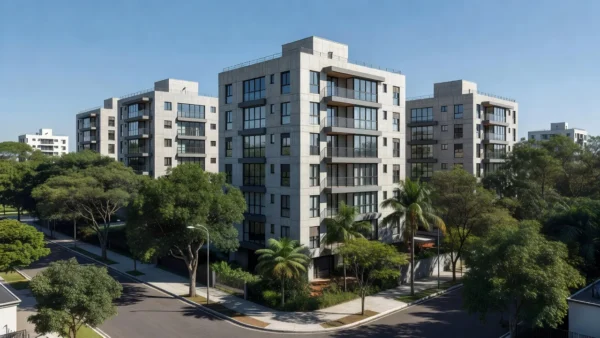 Edifícios residenciais brasileiros simbolizando crédito imobiliário e garantias