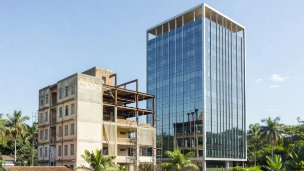 Comparação visual entre retrofit e nova construção corporativa em análise de TIR
