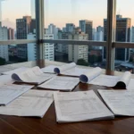 Documentos de financiamento imobiliário sobre mesa em escritório com vista de São Paulo