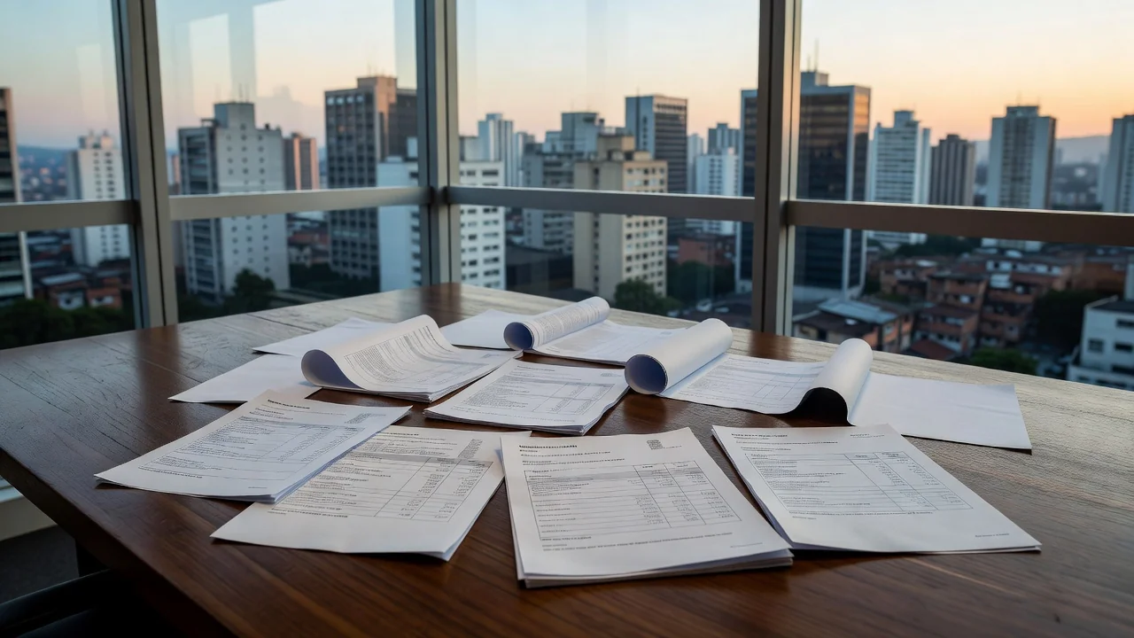 Documentos de financiamento imobiliário sobre mesa em escritório com vista de São Paulo