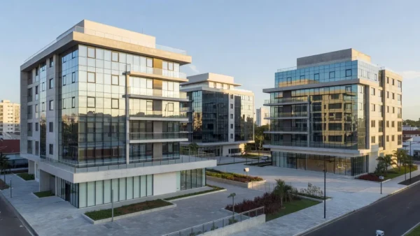 Complexo imobiliário brasileiro simbolizando mercado de imóveis físicos e FIIs