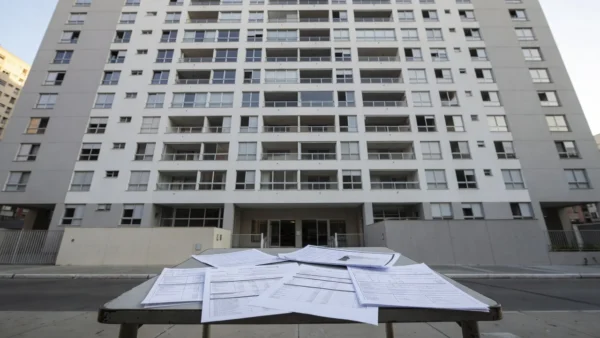 Edifício residencial em São Paulo com documentos de análise financeira de cap rate e IPTU
