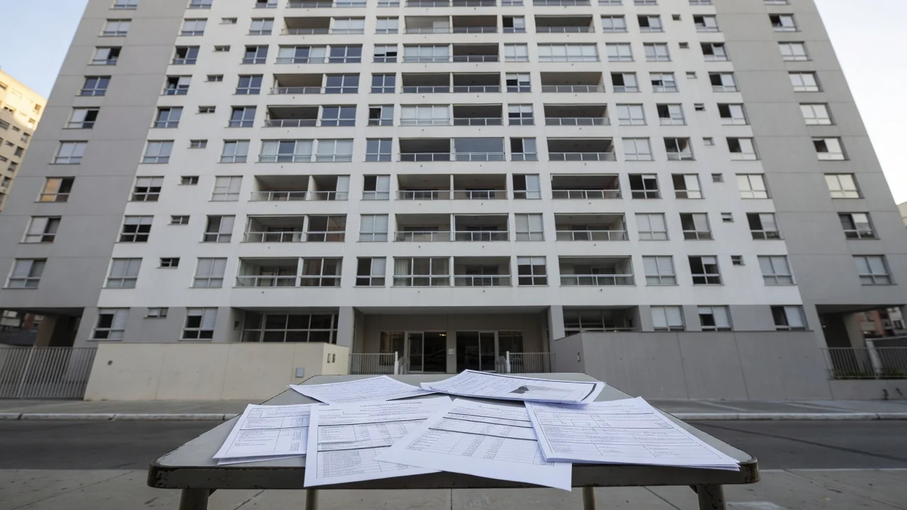 Edifício residencial em São Paulo com documentos de análise financeira de cap rate e IPTU