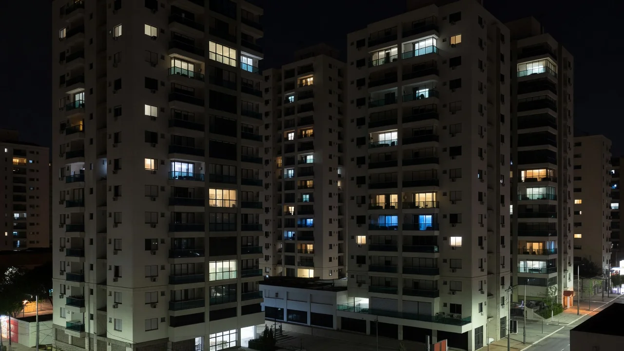 Edifícios residenciais em São Paulo com janelas iluminadas representando taxa de ocupação