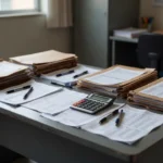 Documentos financeiros e calculadora em mesa de escritório brasileiro