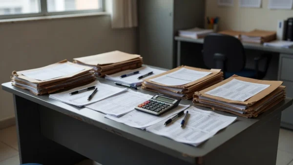 Documentos financeiros e calculadora em mesa de escritório brasileiro