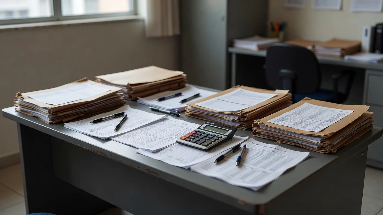 Documentos financeiros e calculadora em mesa de escritório brasileiro